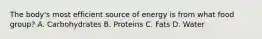 The body's most efficient source of energy is from what food group? A. Carbohydrates B. Proteins C. Fats D. Water