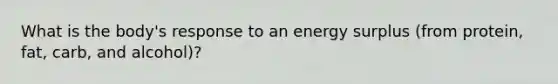 What is the body's response to an energy surplus (from protein, fat, carb, and alcohol)?