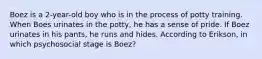 Boez is a 2-year-old boy who is in the process of potty training. When Boes urinates in the potty, he has a sense of pride. If Boez urinates in his pants, he runs and hides. According to Erikson, in which psychosocial stage is Boez?