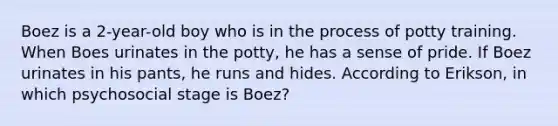 Boez is a 2-year-old boy who is in the process of potty training. When Boes urinates in the potty, he has a sense of pride. If Boez urinates in his pants, he runs and hides. According to Erikson, in which psychosocial stage is Boez?