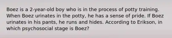 Boez is a 2-year-old boy who is in the process of potty training. When Boez urinates in the potty, he has a sense of pride. If Boez urinates in his pants, he runs and hides. According to Erikson, in which psychosocial stage is Boez?