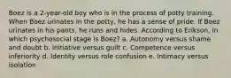 Boez is a 2-year-old boy who is in the process of potty training. When Boez urinates in the potty, he has a sense of pride. If Boez urinates in his pants, he runs and hides. According to Erikson, in which psychosocial stage is Boez? a. Autonomy versus shame and doubt b. Initiative versus guilt c. Competence versus inferiority d. Identity versus role confusion e. Intimacy versus isolation