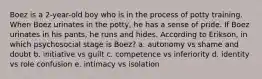 Boez is a 2-year-old boy who is in the process of potty training. When Boez urinates in the potty, he has a sense of pride. If Boez urinates in his pants, he runs and hides. According to Erikson, in which psychosocial stage is Boez? a. autonomy vs shame and doubt b. initiative vs guilt c. competence vs inferiority d. identity vs role confusion e. intimacy vs isolation