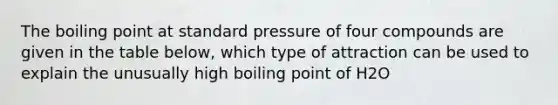 The boiling point at standard pressure of four compounds are given in the table below, which type of attraction can be used to explain the unusually high boiling point of H2O