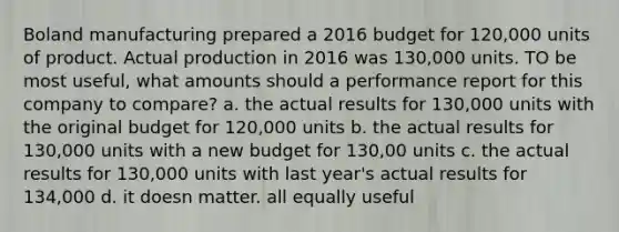 Boland manufacturing prepared a 2016 budget for 120,000 units of product. Actual production in 2016 was 130,000 units. TO be most useful, what amounts should a performance report for this company to compare? a. the actual results for 130,000 units with the original budget for 120,000 units b. the actual results for 130,000 units with a new budget for 130,00 units c. the actual results for 130,000 units with last year's actual results for 134,000 d. it doesn matter. all equally useful