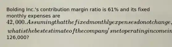 Bolding Inc.'s contribution margin ratio is 61% and its fixed monthly expenses are 42,000. Assuming that the fixed monthly expenses do not change, what is the best estimate of the company's net operating income in a month when sales are126,000?