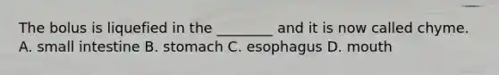 The bolus is liquefied in the ________ and it is now called chyme. A. small intestine B. stomach C. esophagus D. mouth