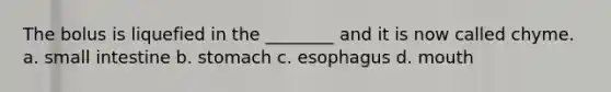 The bolus is liquefied in the ________ and it is now called chyme. a. small intestine b. stomach c. esophagus d. mouth