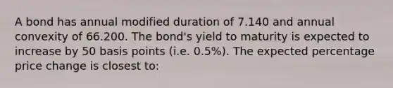 A bond has annual modified duration of 7.140 and annual convexity of 66.200. The bond's yield to maturity is expected to increase by 50 basis points (i.e. 0.5%). The expected percentage price change is closest to: