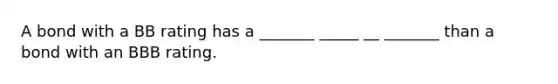 A bond with a BB rating has a _______ _____ __ _______ than a bond with an BBB rating.