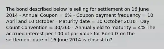 The bond described below is selling for settlement on 16 June 2014 - Annual Coupon = 6% - Coupon payment frequency = 10 April and 10 October - Maturity date = 10 October 2016 - Day Count Convention = 30/360 - Annual yield to maturity = 4% The accrued interest per 100 of par value for Bond G on the settlement date of 16 June 2014 is closest to?