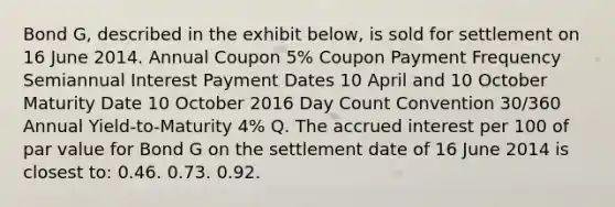 Bond G, described in the exhibit below, is sold for settlement on 16 June 2014. Annual Coupon 5% Coupon Payment Frequency Semiannual Interest Payment Dates 10 April and 10 October Maturity Date 10 October 2016 Day Count Convention 30/360 Annual Yield-to-Maturity 4% Q. The accrued interest per 100 of par value for Bond G on the settlement date of 16 June 2014 is closest to: 0.46. 0.73. 0.92.