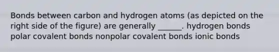 Bonds between carbon and hydrogen atoms (as depicted on the right side of the figure) are generally ______. hydrogen bonds polar covalent bonds nonpolar covalent bonds ionic bonds