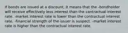 If bonds are issued at a discount, it means that the -bondholder will receive effectively less interest than the contractual interest rate. -market interest rate is lower than the contractual interest rate. -financial strength of the issuer is suspect. -market interest rate is higher than the contractual interest rate.