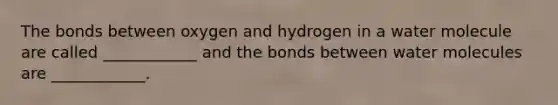 The bonds between oxygen and hydrogen in a water molecule are called ____________ and the bonds between water molecules are ____________.