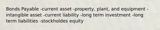 <a href='https://www.questionai.com/knowledge/kvHJpN4vyZ-bonds-payable' class='anchor-knowledge'>bonds payable</a> -current asset -property, plant, and equipment -intangible asset -current liability -long term investment -long term liabilities -stockholdes equity