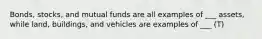 Bonds, stocks, and mutual funds are all examples of ___ assets, while land, buildings, and vehicles are examples of ___ (T)