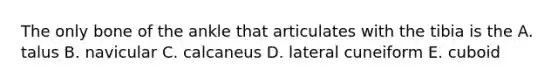 The only bone of the ankle that articulates with the tibia is the A. talus B. navicular C. calcaneus D. lateral cuneiform E. cuboid