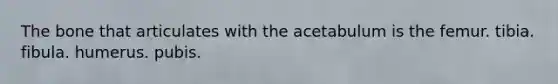 The bone that articulates with the acetabulum is the femur. tibia. fibula. humerus. pubis.