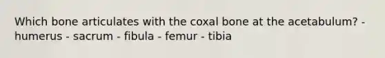 Which bone articulates with the coxal bone at the acetabulum? - humerus - sacrum - fibula - femur - tibia