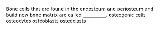 Bone cells that are found in the endosteum and periosteum and build new bone matrix are called __________. osteogenic cells osteocytes osteoblasts osteoclasts