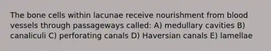 The bone cells within lacunae receive nourishment from blood vessels through passageways called: A) medullary cavities B) canaliculi C) perforating canals D) Haversian canals E) lamellae