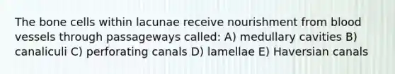 The bone cells within lacunae receive nourishment from blood vessels through passageways called: A) medullary cavities B) canaliculi C) perforating canals D) lamellae E) Haversian canals