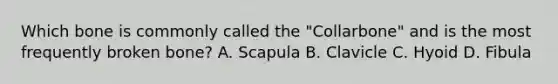 Which bone is commonly called the "Collarbone" and is the most frequently broken bone? A. Scapula B. Clavicle C. Hyoid D. Fibula