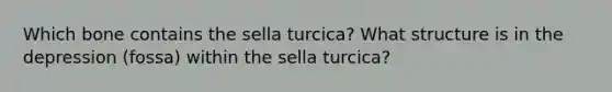 Which bone contains the sella turcica? What structure is in the depression (fossa) within the sella turcica?