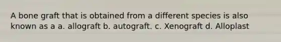 A bone graft that is obtained from a different species is also known as a a. allograft b. autograft. c. Xenograft d. Alloplast