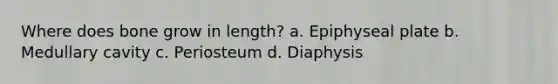 Where does bone grow in length? a. Epiphyseal plate b. Medullary cavity c. Periosteum d. Diaphysis