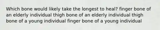 Which bone would likely take the longest to heal? finger bone of an elderly individual thigh bone of an elderly individual thigh bone of a young individual finger bone of a young individual