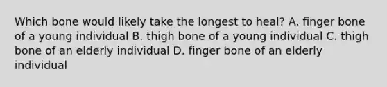 Which bone would likely take the longest to heal? A. finger bone of a young individual B. thigh bone of a young individual C. thigh bone of an elderly individual D. finger bone of an elderly individual