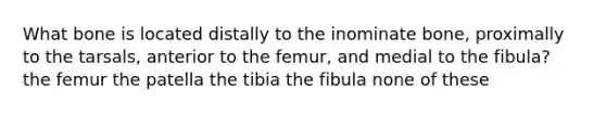 What bone is located distally to the inominate bone, proximally to the tarsals, anterior to the femur, and medial to the fibula? the femur the patella the tibia the fibula none of these