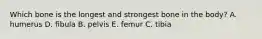 Which bone is the longest and strongest bone in the body? A. humerus D. fibula B. pelvis E. femur C. tibia