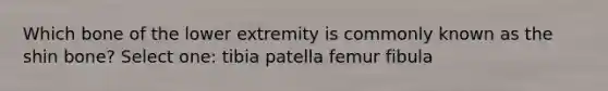 Which bone of the lower extremity is commonly known as the shin bone? Select one: tibia patella femur fibula