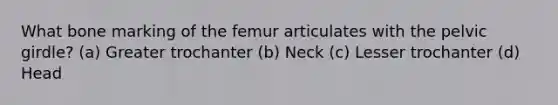 What bone marking of the femur articulates with the pelvic girdle? (a) Greater trochanter (b) Neck (c) Lesser trochanter (d) Head