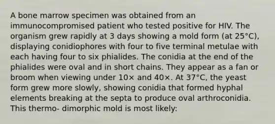 A bone marrow specimen was obtained from an immunocompromised patient who tested positive for HIV. The organism grew rapidly at 3 days showing a mold form (at 25°C), displaying conidiophores with four to five terminal metulae with each having four to six phialides. The conidia at the end of the phialides were oval and in short chains. They appear as a fan or broom when viewing under 10× and 40×. At 37°C, the yeast form grew more slowly, showing conidia that formed hyphal elements breaking at the septa to produce oval arthroconidia. This thermo- dimorphic mold is most likely: