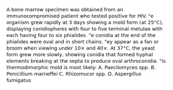 A bone marrow specimen was obtained from an immunocompromised patient who tested positive for HIV. "e organism grew rapidly at 3 days showing a mold form (at 25°C), displaying conidiophores with four to five terminal metulae with each having four to six phialides. "e conidia at the end of the phialides were oval and in short chains. "ey appear as a fan or broom when viewing under 10× and 40×. At 37°C, the yeast form grew more slowly, showing conidia that formed hyphal elements breaking at the septa to produce oval arthroconidia. "is thermodimorphic mold is most likely: A. Paecilomyces spp. B. Penicillium marneffei C. Rhizomucor spp. D. Aspergillus fumigatus