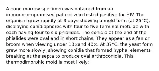 A bone marrow specimen was obtained from an immunocompromised patient who tested positive for HIV. The organism grew rapidly at 3 days showing a mold form (at 25°C), displaying conidiophores with four to ﬁve terminal metulae with each having four to six phialides. The conidia at the end of the phialides were oval and in short chains. They appear as a fan or broom when viewing under 10×and 40×. At 37°C, the yeast form grew more slowly, showing conidia that formed hyphal elements breaking at the septa to produce oval arthroconidia. This thermodimorphic mold is most likely: