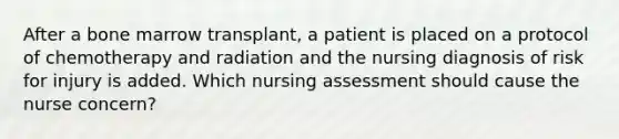 After a bone marrow transplant, a patient is placed on a protocol of chemotherapy and radiation and the nursing diagnosis of risk for injury is added. Which nursing assessment should cause the nurse concern?