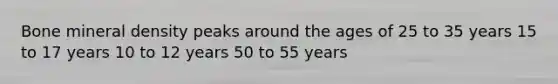 Bone mineral density peaks around the ages of 25 to 35 years 15 to 17 years 10 to 12 years 50 to 55 years