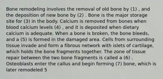 Bone remodeling involves the removal of old bone by (1) , and the deposition of new bone by (2) . Bone is the major storage site for (3) in the body. Calcium is removed from bones when blood calcium levels (4) , and it is deposited when dietary calcium is adequate. When a bone is broken, the bone bleeds, and a (5) is formed in the damaged area. Cells from surrounding tissue invade and form a fibrous network with islets of cartilage, which holds the bone fragments together. The zone of tissue repair between the two bone fragments is called a (6) . Osteoblasts enter the callus and begin forming (7) bone, which is later remodeled 5