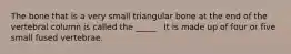 The bone that is a very small triangular bone at the end of the vertebral column is called the _____ . It is made up of four or five small fused vertebrae.