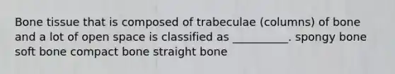 Bone tissue that is composed of trabeculae (columns) of bone and a lot of open space is classified as __________. spongy bone soft bone compact bone straight bone