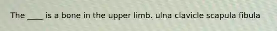 The ____ is a bone in the upper limb. ulna clavicle scapula fibula