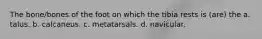 The bone/bones of the foot on which the tibia rests is (are) the a. talus. b. calcaneus. c. metatarsals. d. navicular.