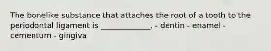 The bonelike substance that attaches the root of a tooth to the periodontal ligament is _____________. - dentin - enamel - cementum - gingiva