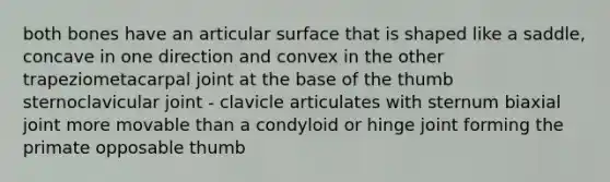 both bones have an articular surface that is shaped like a saddle, concave in one direction and convex in the other trapeziometacarpal joint at the base of the thumb sternoclavicular joint - clavicle articulates with sternum biaxial joint more movable than a condyloid or hinge joint forming the primate opposable thumb