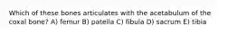 Which of these bones articulates with the acetabulum of the coxal bone? A) femur B) patella C) fibula D) sacrum E) tibia